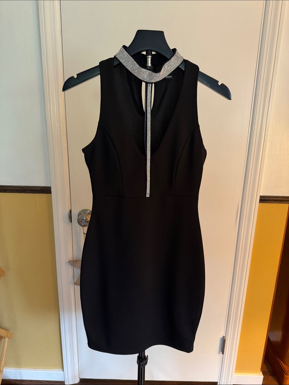 Black Sleeveless Cocktail Dress with Rhinestone Neck Detail